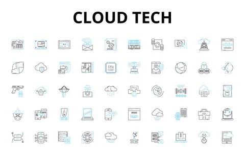 Cloud tech linear icons set. Virtualization, Infrastructure, Computing, SaaS Stock Illustration