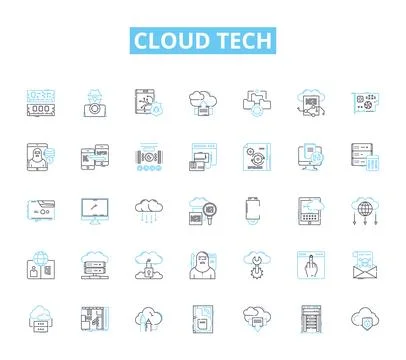 Cloud tech linear icons set. Virtualization, Infrastructure, Computing, SaaS Stock Illustration