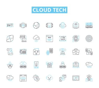 Cloud tech linear icons set. Virtualization, Infrastructure, Computing, SaaS Stock Illustration