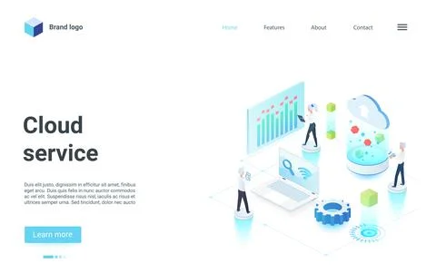 Cloud tech service isometric landing page, businessman team working with data 스톡 일러스트