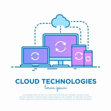 Cloud technologies concept with thin line icons: monoblock, laptop Stock Illustration