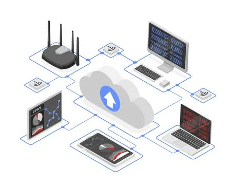 Cloud technologies digital concept. Isometric router, tablet, computer, laptop Illustrazione stock