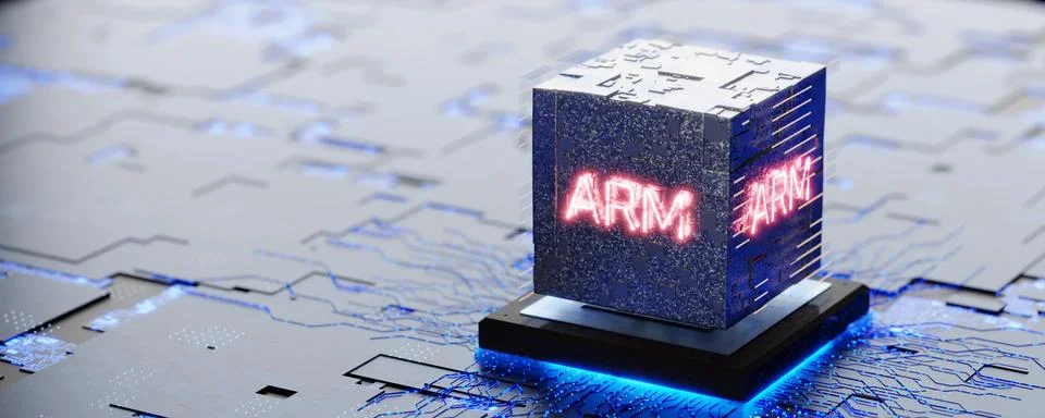 Cloud technologies. Microprocessor architecture ARM. Microchip workstation .. Stock Illustration