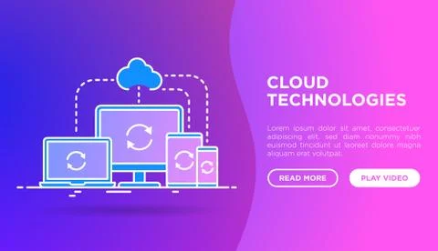 Cloud technologies web page template with thin line icons: monoblock, laptop Stock Illustration