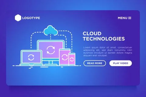 Cloud technologies web page template with thin line icons: monoblock, laptop Stock Illustration