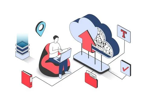 Cloud technology 3d isometric concept with isometry people design for web. .. Stock Illustration