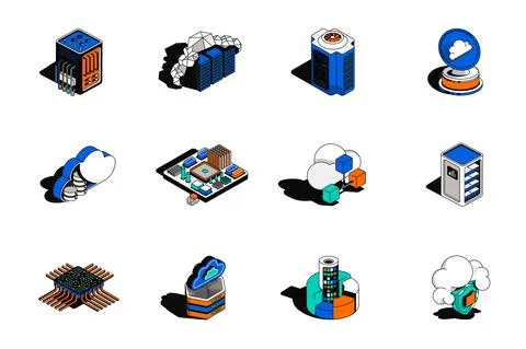 Cloud technology 3d isometric icons set. Pack elements of racks, computer Illustrazione stock