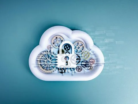 Cloud technology and cybersecurity concept with digital lock icon and mecha.. Stock Photos
