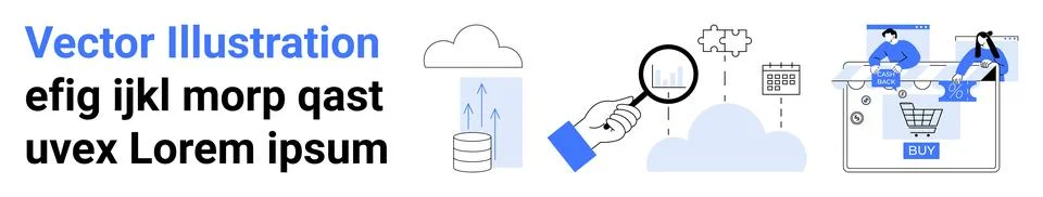 Cloud Technology and Data Analysis Concept with E-commerce and Research Ele.. Stock Illustration
