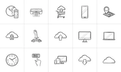 Cloud technology and mobile devices hand drawn outline doodle icon set. Stock Illustration
