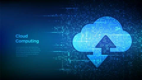 Cloud technology background. Cloud computing. Cloud storage sign with two arr Illustrazione stock