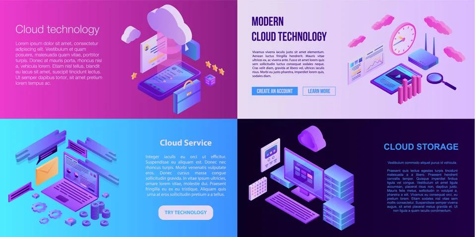 Cloud technology banner set, isometric style Stock Illustration