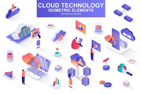 Cloud technology bundle of isometric elements. 스톡 일러스트