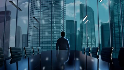 Cloud Technology. Businessman Working in Office among Skyscrapers. Hologram Stock Footage 244451012