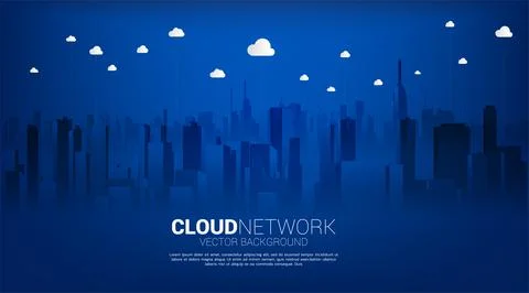 Cloud technology with city background. Concept of cloud server, Storage and d 스톡 일러스트