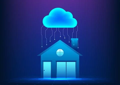 Cloud technology Clouds hover above the house with interconnected circuit b.. Иллюстрация