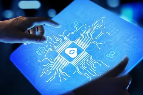 Cloud technology computing and data storage concept on virtual screen. Stock Photos