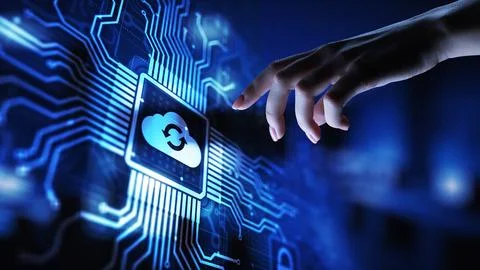 Cloud technology computing and data storage concept on virtual screen. Stock Photos