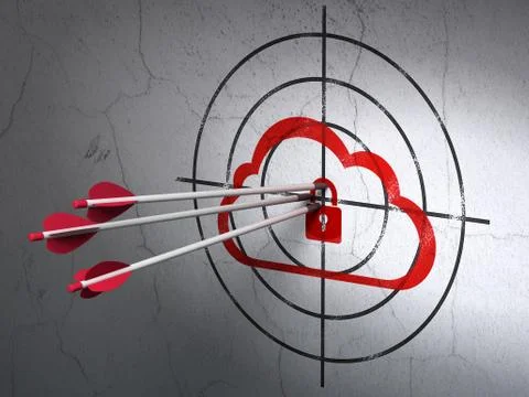 Cloud technology concept: arrows in Cloud With Padlock target on wall background Stock Illustration