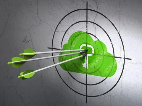 Cloud technology concept: arrows in Cloud With Key target on wall background Stock Illustration