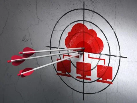Cloud technology concept: arrows in Cloud Network target on wall background Stock Illustration