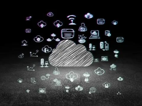 Cloud technology concept: Cloud in grunge dark room Illustrazione stock