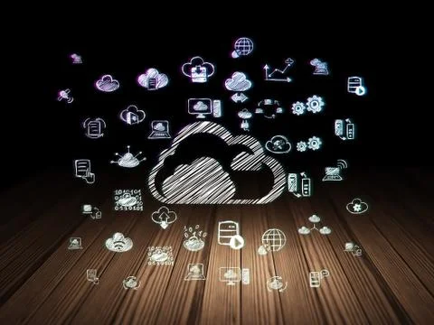 Cloud technology concept: Cloud in grunge dark room Illustrazione stock