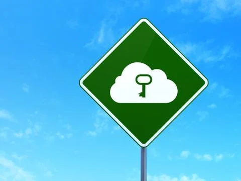Cloud technology concept: Cloud With Key on road sign background Stock Illustration