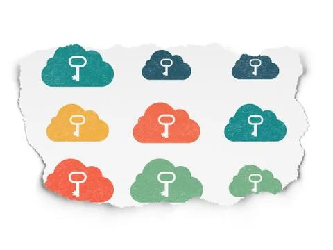 Cloud technology concept: Cloud With Key icons on Torn Paper background Stock Illustration