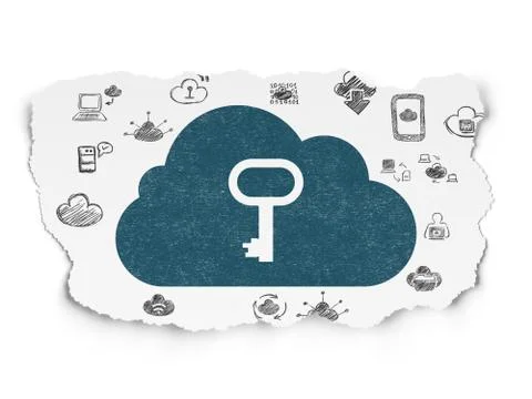 Cloud technology concept: Cloud With Key on Torn Paper background Illustrazione stock