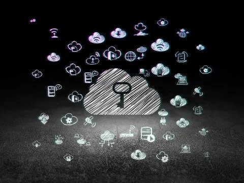 Cloud technology concept: Cloud With Key in grunge dark room Illustrazione stock