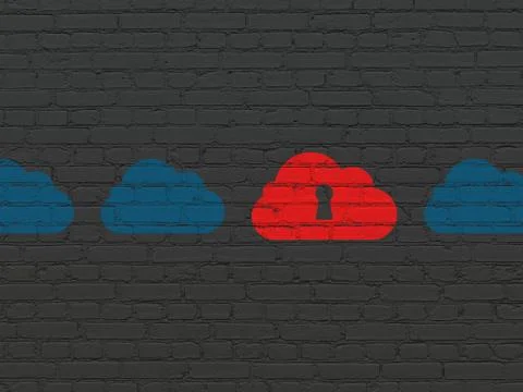 Cloud technology concept: cloud with keyhole icon on wall background Stock Illustration