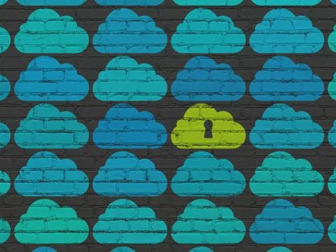 Cloud technology concept: cloud with keyhole icon on wall background Stock Illustration