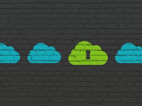Cloud technology concept: cloud with keyhole icon on wall background Illustrazione stock