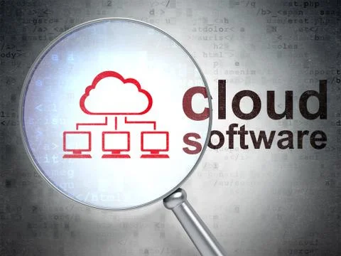 Cloud technology concept: Cloud Network and Cloud Software with optical glass Illustrazione stock