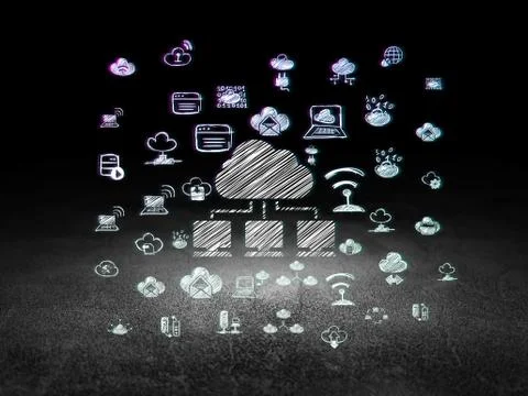 Cloud technology concept: Cloud Network in grunge dark room Stock Illustration