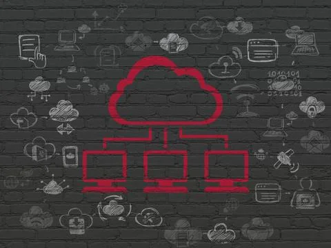 Cloud technology concept: Cloud Network on wall background Stock Illustration