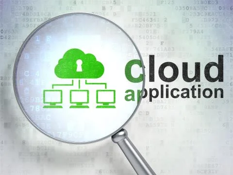 Cloud technology concept: Cloud Network and Cloud Application with optical glass Stock Illustration