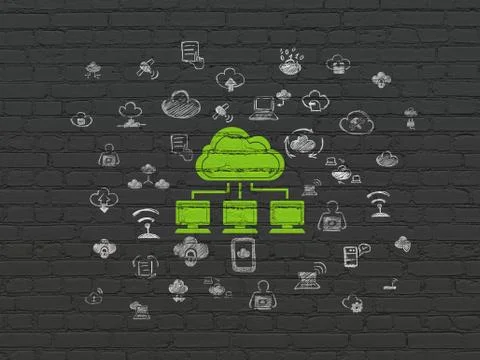 Cloud technology concept: Cloud Network on wall background Stock Illustration