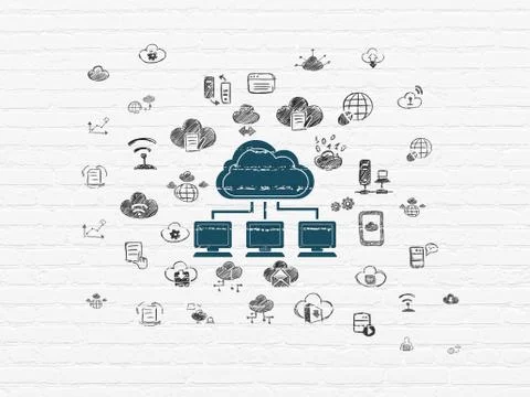 Cloud technology concept: Cloud Network on wall background Illustrazione stock