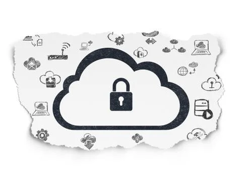 Cloud technology concept: Cloud With Padlock on Torn Paper background Stock Illustration