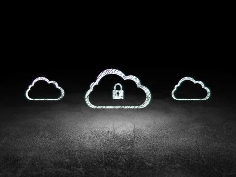 Cloud technology concept: cloud with padlock icon in grunge dark room 스톡 일러스트