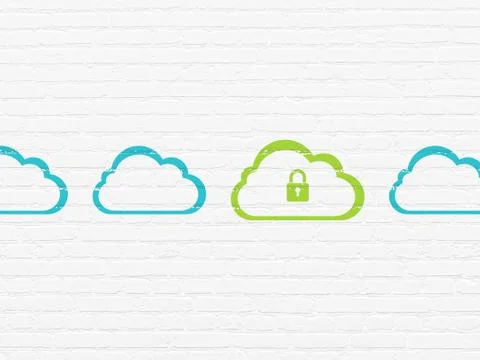Cloud technology concept: cloud with padlock icon on wall background Illustrazione stock