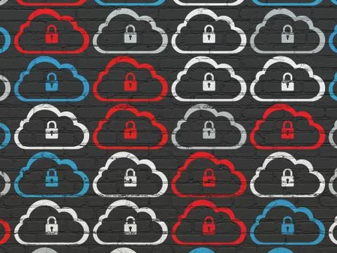 Cloud technology concept: Cloud With Padlock icons on wall background Stock Illustration