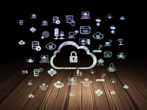 Cloud technology concept: Cloud With Padlock in grunge dark room Illustrazione stock