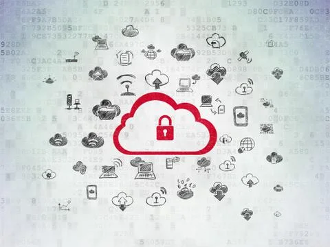 Cloud technology concept: Cloud With Padlock on Digital Data Paper background Illustrazione stock