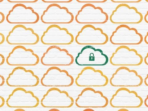 Cloud technology concept: cloud with padlock icon on wall background Stock Illustration