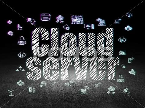 Cloud Technology Concept: Cloud Server In Grunge Dark Room