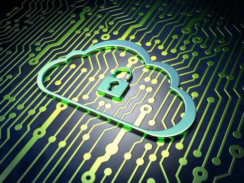 Cloud technology concept: Cloud Whis Padlock on circuit board ba Stock Illustration