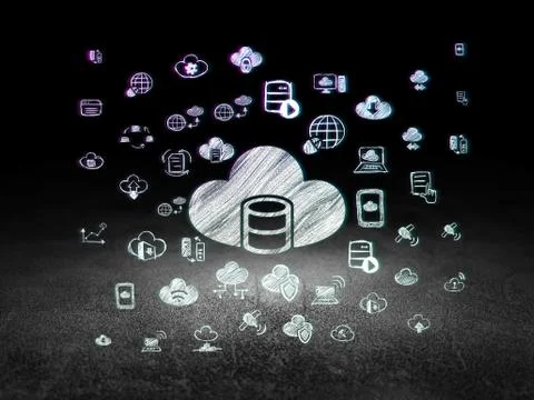 Cloud technology concept: Database With Cloud in grunge dark room Stock Illustration